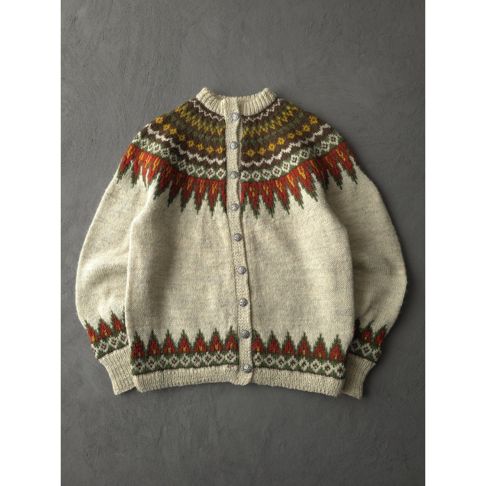 Handknit Cream Wool Cardigan with Multicolor Fair Isle Yoke - Picture 1 of 8